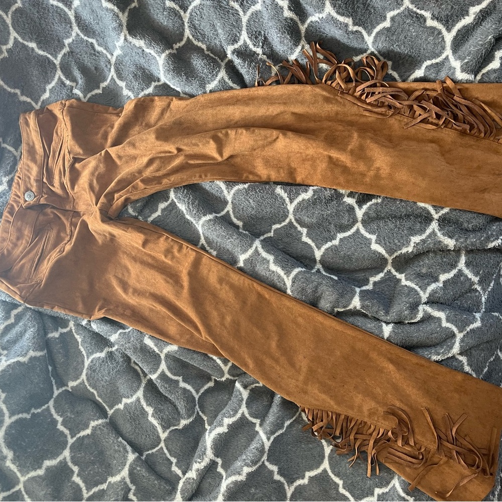 Brown Fringe Suede Pants